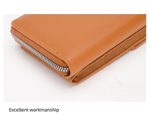 Close-up of brown leather phone bag showing excellent zipper workmanship and edge details