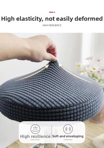Elastic grey waffle fabric round stool cover showing high resilience and stretch detail