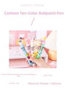 Macro detail of cartoon 10-color ballpoint pen showing 17cm length and silicone topper