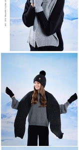 Close-up of winter knit set including sequined pom-pom hat, scarf, and gloves for women