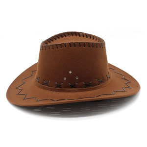 Classic brown western cowboy hat with black cross stitching and breathable metal vents