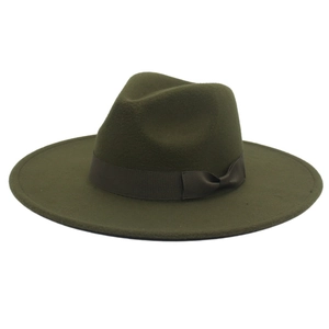 Close-up of olive green wool fedora hat featuring a brown grosgrain ribbon with bow