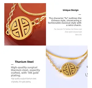 Detailed view of 18K gold plated titanium steel double-layer chain with Fu character pendant