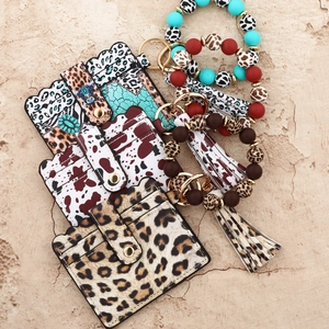Silicone bead keychain wallet set with leopard and cow print faux leather card holders