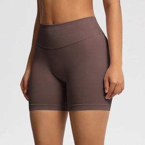 Short de fitness sans couture à taille haute pour femmes avec ceinture côtelée cacao