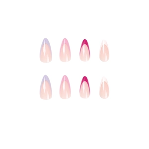 Classic almond press-on nails with multi-color French tips in pink, purple, and white