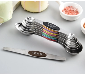 Macro detail of magnetic stainless steel measuring spoon set with colored silicone handles