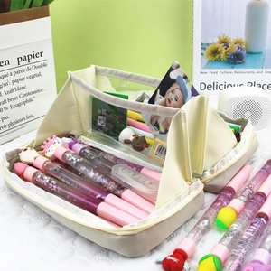 Large capacity aesthetic pencil case with transparent layer and cute cartoon pens