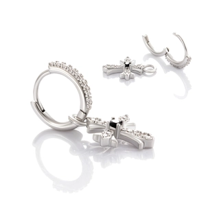 Silver vintage cross drop earrings with sparkling clear crystals and black center stone