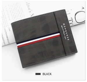 Detail of grey frosted tri-fold men's wallet featuring red white blue striped webbing ribbon