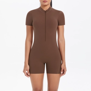 Detail of chocolate brown athletic jumpsuit with short sleeves and front zipper closure