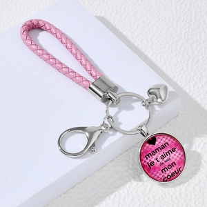 Pink braided leather keychain with heart pendant and Maman Je T aime engraving
