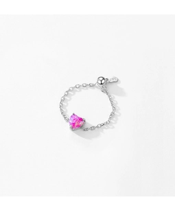 Close-up of S925 sterling silver chain ring with pink heart-shaped opal stone