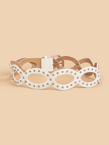 Detailed view of white PU leather belt with hollow oval rings and metal stud accents