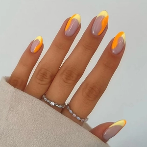 Press On Nails Oval Fake Nails Glossy Abstract Wave Pattern Orange Yellow Resin Manicure For Women Simple Style