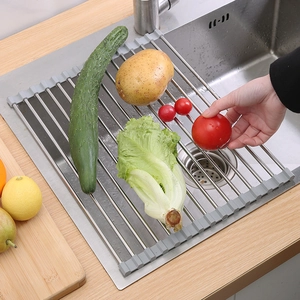 Foldable stainless steel roll-up dish drying rack over sink for washing vegetables