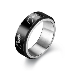 Black and silver rotatable spinner ring for men with engraved pinky promise design