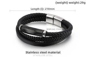Detail of multi-layer black braided leather bracelet with stainless steel magnetic clasp