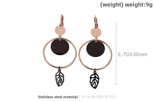 Detailed view of 70x30mm rose gold and black round earrings with leaf pendants