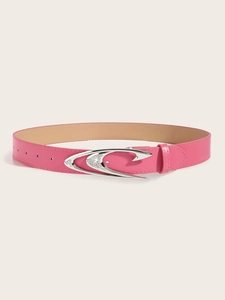 Detail of pink leather belt with silver buckle and sparkling rhinestone embellishments