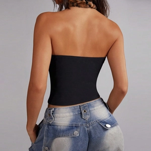 Top a fascia nero da donna in maglia a coste con schiena scoperta stile chic