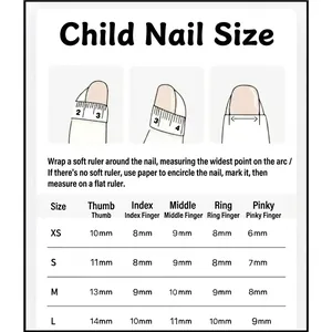 Size chart for handmade cartoon fruit party press-on nails for kids aged 3-12 years