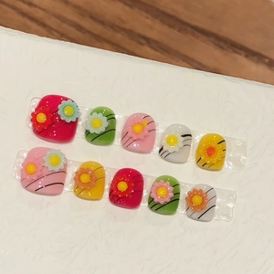 Handmade 3D daisy press-on toenails for girls with vibrant colors on white background