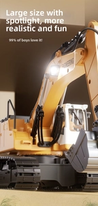 Close-up of alloy excavator toy with working LED headlights and simulated hydraulic arms