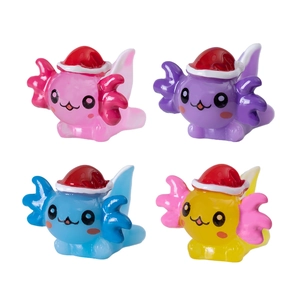 Set of four colorful axolotl resin figurines with festive red Christmas hats in 2x2 layout