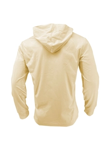 Back view of a light yellow hooded sweatshirt in cotton blend for men with casual fit