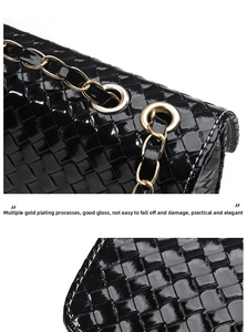Close-up of black woven leather texture and polished gold chain hardware details