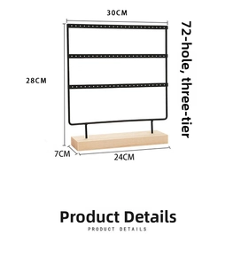 Detailed view of 3-tier 72-hole metal jewelry stand with a wooden base for earrings