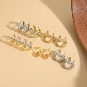French vintage style round hoop earrings set with zircon stones in gold and silver