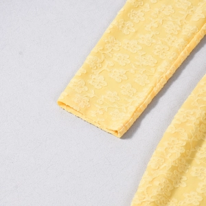 Détail rapproché de la texture en dentelle florale jaune et des broderies ajourées