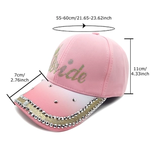 Pink cotton baseball cap with rhinestone Bride lettering and adjustable 55-60cm strap