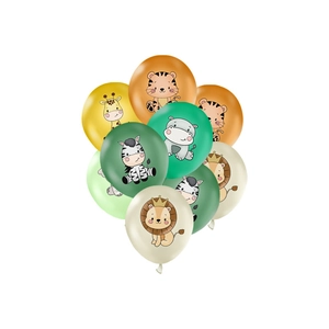 Colorful jungle party balloons with printed lions, tigers, and zebras on white background