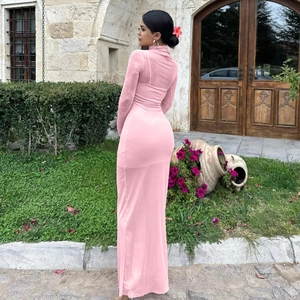 Robe longue en mesh rose transparent à col montant et manches longues, vue de dos chic