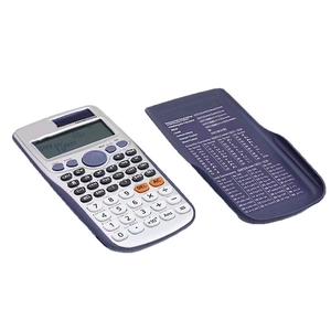 Scientific calculator with protection cover showing function keys and unit conversion table