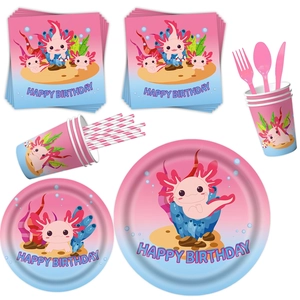 Axolotl birthday party supplies set featuring plates cups napkins and pink cutlery