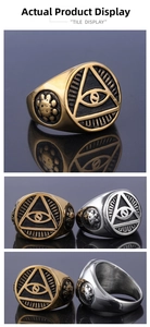 Detailed view of Eye of Providence rings in gold and silver finish with embossed side patterns