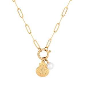 18K gold plated necklace featuring shell pendant and white pearl with oval links