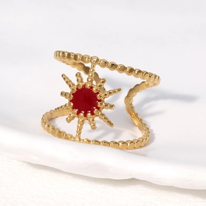 Elegant gold-plated stainless steel double-layer ring featuring a red sunburst enamel charm