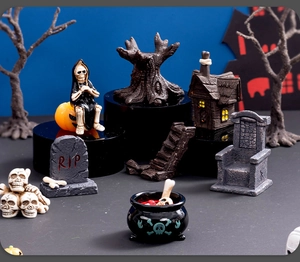 Detailed Halloween resin miniatures featuring a grim reaper, tombstone, and spooky props