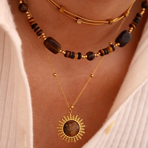 Layered gold 14K stainless steel necklaces with sun pendant and tiger eye stone beads