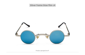 Detail view of steampunk round sunglasses with silver metal frame and blue coated lenses