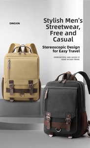 Detailed comparison of khaki and black vintage canvas backpacks on geometric stands