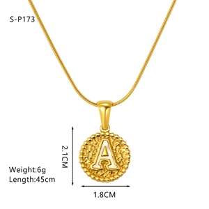 Gold stainless steel hammered round pendant necklace with letter A and detailed dimensions
