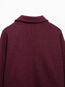 Detailed back view of the vintage wine red woolen jacket collar and shoulder texture