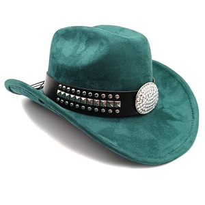 Detail of dark green faux suede cowboy hat featuring silver studs and rhinestone buckle