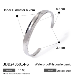Detailed specs of irregular silver stainless steel cuff showing dimensions and weight